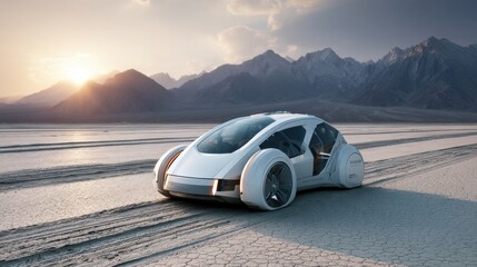 Fototapeta premium A futuristic vehicle travels across a dry lake bed as the sun sets on the horizon casting shadows on the cracked earth with mountains in the background.