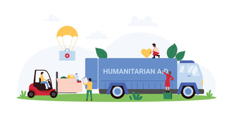 Fototapeta premium Charity to help and assistance people in need, humanitarian aid logistics, delivery by transport. Tiny people load boxes of emergency kits and food with forklift to truck cartoon vector illustration