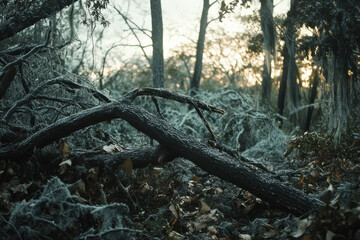 Aftermath of hurricane ian: fallen tree blocks street and crushes pickup truck