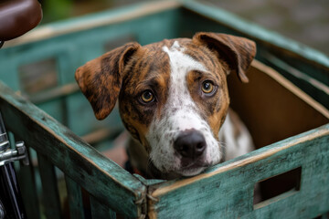 Charming dog lounging in a wooden crate with bicycles in the backdrop