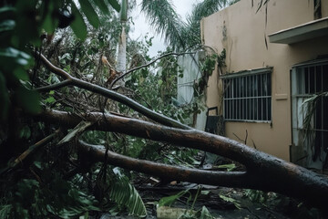 Aftermath of hurricane ian: fallen tree blocks street and crushes pickup truck