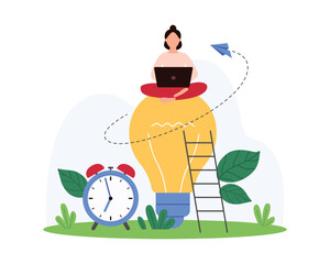 Productive creative employee work process, efficiency and productivity of business strategy, time management. Tiny woman sitting with laptop on big bright light bulb cartoon vector illustration