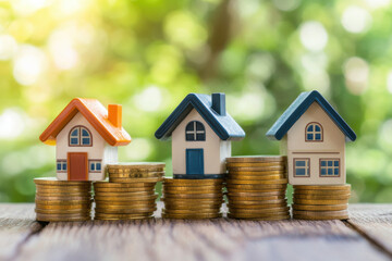 Graph-shaped coin stacks with small plant and model house on calculator background, symbolizing real estate investment