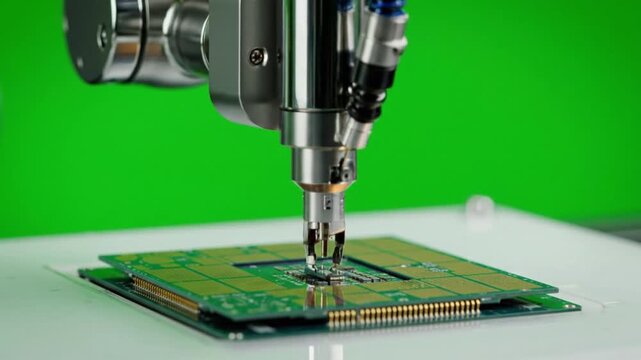Robotic arm soldering electronic components onto a circuit board in a factory setting