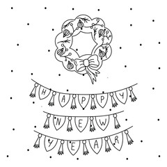 Doodle style New Year and Christmas Banner with hands. Happy new Year Merry Christmas Hand Drawn Doodle Elements