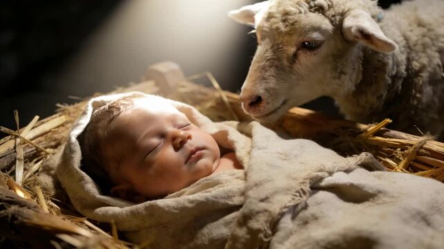 *Baby Jesus and a lamb looking at Him under rays of divine light from the Christmas Star.