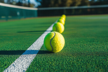 Tennis balls are lined up on a green court, ready for a serve