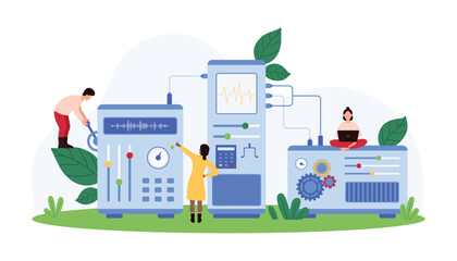 Engineers working with advanced audio equipment. One adjusts a knob, another checks settings, and a third uses a laptop. Various controls and monitors are displayed vector illustration.