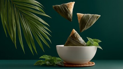 Three triangular rice dumplings wrapped in green leaves are floating above a white bowl, surrounded by fresh mint leaves and tropical palm fronds, creating an inviting culinary scene