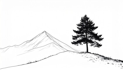 mountain outline with single pine tree and black line art on white background