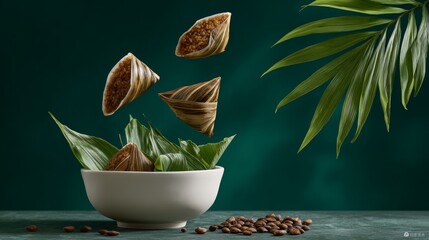Floating traditional dumplings wrapped in bamboo leaves above a white bowl, surrounded by fresh green leaves and coffee beans, creating an artistic culinary display with vibrant colors