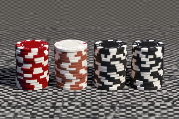 Vibrant stack of poker chips on a textured surface, hinting at casino gaming and gambling