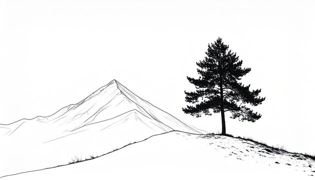 mountain outline with single pine tree and black line art on white background - Powered by Adobe