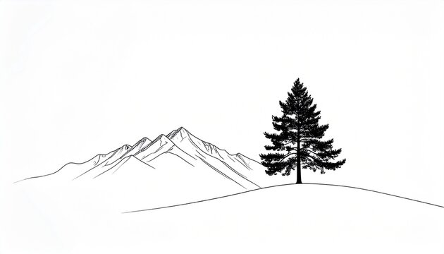 mountain outline with single pine tree and black line art on white background