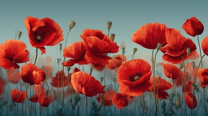 Obraz premium Red poppy flowers stand tall in a field under a clear sky. The flowers display bright colors surrounded by greenery. This scene captures the essence of nature in full bloom.