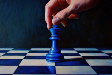 Hand setting blue king chess piece on a checkered board, strategy and leadership concept