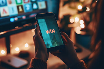 Woman celebrating her win on a mobile phone screen in a casino at night