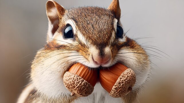 Cute small rodent with large cheeks, holding two acorns in its mouth, showcasing its foraging behavior in a natural environment, emphasizing the charm of wildlife and nature - Powered by Adobe