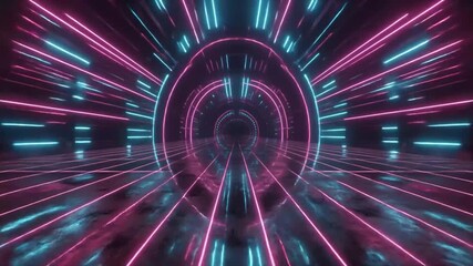 Neon Tunnel with Circular Rings and Glowing Pink and Blue Lines on Reflective Floor abstract futuristic - Powered by Adobe