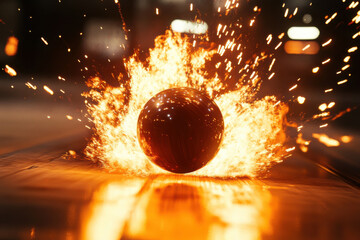 Powerful explosion of energy sphere emitting fire and sparks in dark space