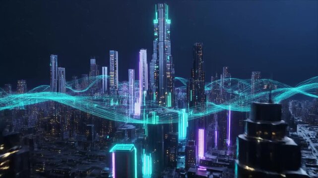 Futuristic City Skyline with Glowing Buildings and Teal Digital Wave Patterns at Night architecture