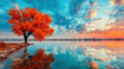 Naklejka premium Sunset over a lake with orange tree and colorful clouds reflecting