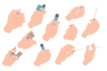 Hands with different smoking gestures set. Human fingers of smoker and addict holding tobacco cigarette and lighter to smoke, giving nicotine cigar and lighting fire cartoon vector illustration