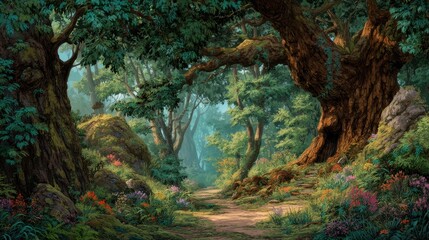 Fototapeta premium A person walks along a narrow path in a green forest filled with tall trees and vibrant plants. Sunlight filters through the leaves casting soft shadows on the ground.