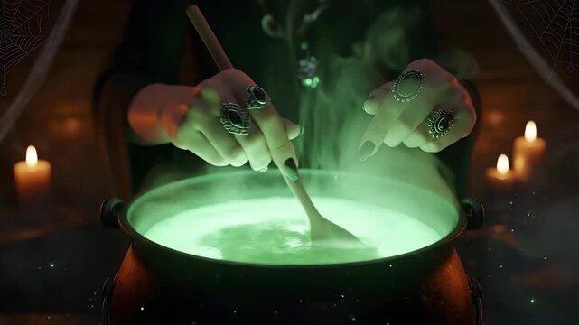 Woman stirring glowing green potion in cauldron with wooden spoon for Halloween party decor or magic ritual