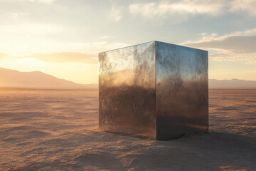 Shiny metal monolith casting a shadow on the dry desert ground under blue sky