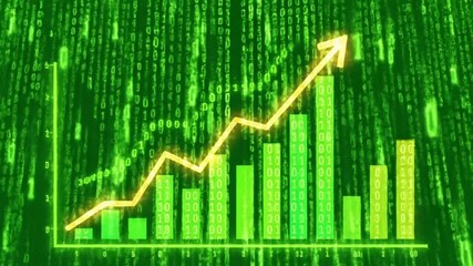Animated green digital graph with rising gold trend lines and binary code background - Powered by Adobe