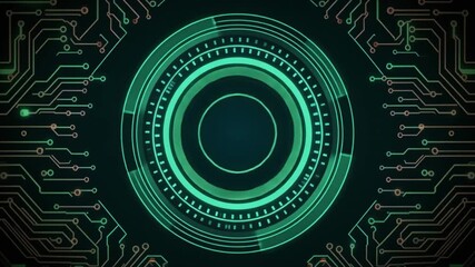 Futuristic Green Circuit Board with Central Concentric Circles and Glowing Lines technology digital - Powered by Adobe