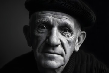 Portrait of a thoughtful senior man with a beret in black and white