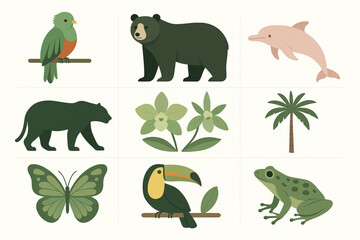 Fototapeta premium Colombian Biodiversity Icon Set with Quetzal, Spectacled Bear and Amazonian Wildlife