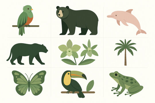 Colombian Biodiversity Icon Set with Quetzal, Spectacled Bear and Amazonian Wildlife