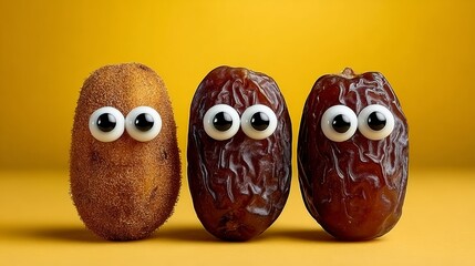 Fototapeta premium Three whimsical fruits with googly eyes, featuring a fuzzy brown fruit and two shiny dark fruits, arranged playfully against a vibrant yellow background, creating a fun and cheerful atmosphere
