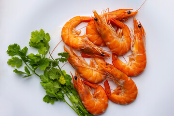 Couple of fresh orange shrimp with coriander leaves isolated on white background.