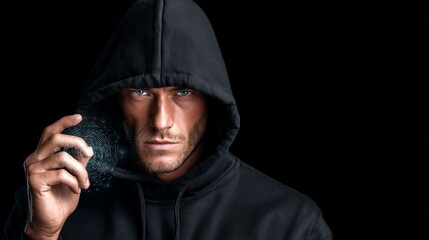 Male figure in black hoodie holding a glowing orb, with intense expression and piercing blue eyes, set against a dark background, conveying a sense of mystery and intrigue in a dramatic portrait