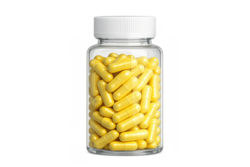 Plastic pill bottle filled with bright yellow capsules, medicine, healthcare, and pharmaceutical industry concept