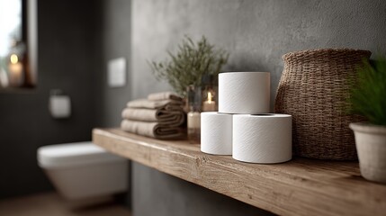Modern bathroom interior featuring wooden shelf with neatly stacked towels, rolls of toilet paper, decorative plants, and soft lighting creating a serene and inviting atmosphere for relaxation and com