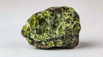 Green olivine mineral embedded in dark volcanic rock matrix isolated on a white background.
