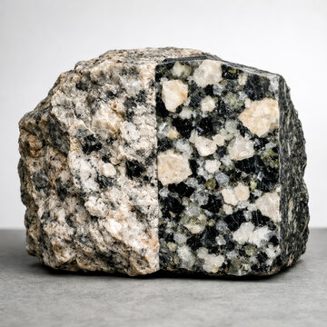 A collectible geological specimen of light gray granitoid rock with black biotite and white feldspar crystals on a cut polished face