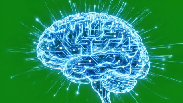 Glowing blue digital brains with circuit lines on green background, technology