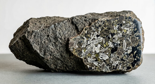Specimen of tholeiitic basalt rock with porous volcanic texture and embedded white mineral crystals.