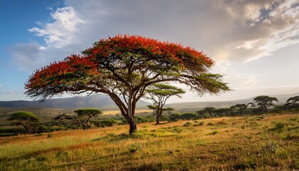 Naklejka premium Acacia Concinna Tree With Red Flowers Seen From Afar