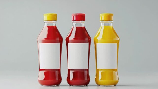 Video Three condiment bottles side by side, great for a kitchen or dining table scene