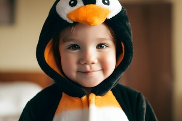 Charming toddler wearing a penguin costume smiles sweetly for the camera