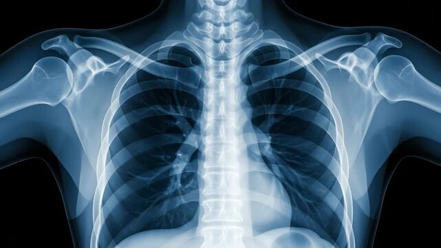 X-ray film showing human chest with ribs, bones, and spine on black background for medical diagnostic.