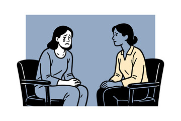 Depressed woman crying during a counseling session with a therapist, flat art style, sitting in chairs on a blue background, concept of mental health support
