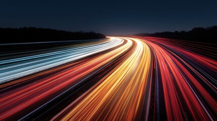 Cars travel quickly on a highway during night. Bright trails of light show movement on the road. The dark background highlights the lights from vehicles.